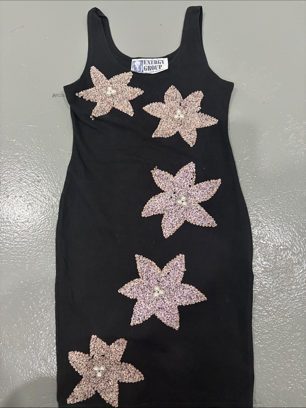 Womens Vintage Italian Black Dress hand sewn Sequinbead Star sourced from Paris